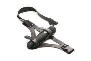 XR Brands Thunder Strap är en svart strap-on-sele med justerbara remmar och ett centralt cylindriskt dildofäste, som visas på en vit bakgrund.