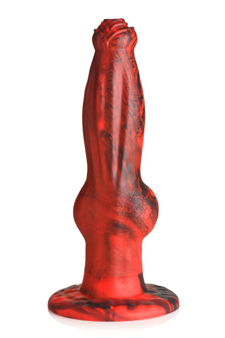 Hel-Wolf Thrusting Dildo har en röd och svart marmorerad design, kroppssäker silikonkonstruktion, en unik texturerad form och en stabil, platt bas.