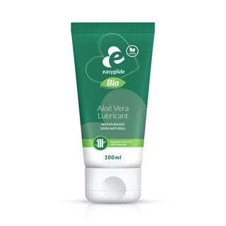 Aloe Vera Bio Glidmedel 100ml i grön tub, märkt vegan och tillverkad av naturliga ingredienser, mot vit bakgrund.