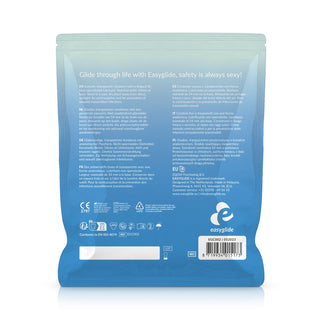 Baksidan av en blå EasyGlide Original Kondomer 40-pack glidmedelsförpackning, med produktinformation på flera språk och som framhäver dess kompatibilitet med latexkondomer.