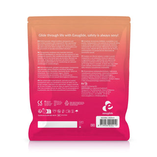 Baksidan av en EasyGlide Ribs & Dots Kondomer 40-pack-förpackning i rosa och orange med säkerhetsinformation, företagslogotyper samt information om anatomisk passform och lätt glidmedelsbeläggning.