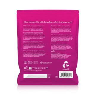 På baksidan av en EasyGlide Extra Thin Kondomer 40-pack finns produktinformation på flera språk, som lyfter fram ultratunna kondomer för en naturlig känsla och anatomisk passform för komfort och tillförlitligt skydd.