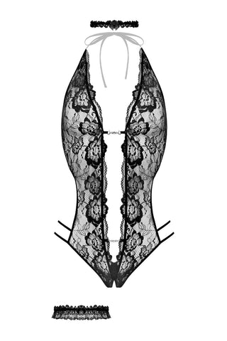 Crotchless Body Renee – svart spets halter bodysuit med djup v-ringning, matchande spetskrage och strumpeband, visa mot vit bakgrund.