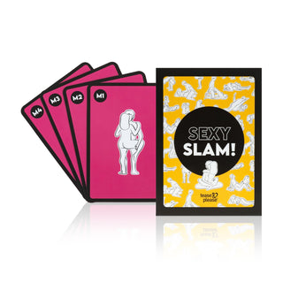 Tease & Please Sexy Slam Kortspel med kort med sextema och designelement i svart, rosa och gult.