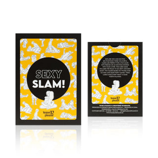 Tease & Please Sexy Slam Kortspel kortspelslåda, med färgglada illustrationer på en gul kartongförpackning.