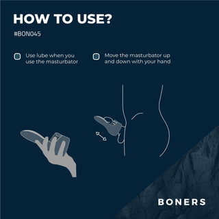 Illustration som visar hur man använder Boners Elektrisk Masturbator med glidmedel och en upp- och nedåtgående handrörelse; med Boners varumärke.