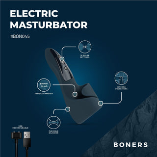 Boners Elektrisk Masturbator, en svart penisvibrator med märkta funktioner och en USB-laddningskabel, visas på en mörkblå bakgrund.