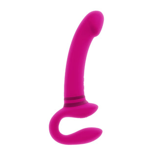 Evolved Novelties Strapless Strapon har en rosa, axelbandslös design med ett böjt skaft och ergonomiskt handtag, tillverkad av kroppssäkert silikon, mot en vit bakgrund.
