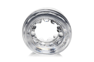 Transparent Ball Stretcher XR, ett klart cirkulärt föremål med en strukturerad inre yta, visas framifrån mot en vit bakgrund.