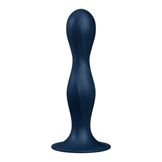 Satisfyer Double Ball-R Dildo 18 cm är en marinblå, kroppssäker silikonleksak med en vågig, strukturerad design och utsvängd bas för säker anal eller vaginal stimulering, visad på en vit bakgrund.