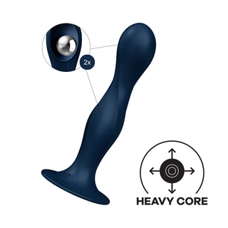 Satisfyer Double Ball-R Dildo 18 cm i marinblått, med tyngdkulor i kroppssäkert silikon för anal och vaginal stimulering. Visas detaljerat med cirkulära rörelsepilar och etiketten HEAVY CORE.