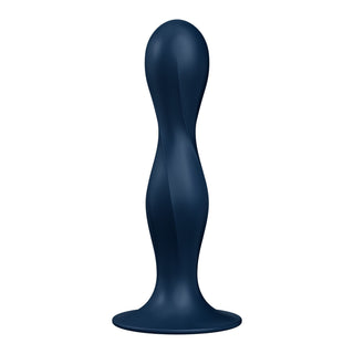 Satisfyer Double Ball-R Dildo 18 cm är en marinblå, kroppssäker silikonleksak med en vågig, strukturerad design och utsvängd bas för säker anal eller vaginal stimulering, visad på en vit bakgrund.