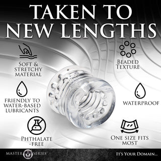 Transparent Ball Stretcher XR har en genomskinlig, stretchig design med pärlstruktur och knottrig insida för ökad njutning. Tillverkad av vattentätt, ftalatfritt material. En storlek passar de flesta. Idealisk för orgasmfördröjning och ökad känsla.