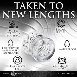Transparent Ball Stretcher XR har en genomskinlig, stretchig design med pärlstruktur och knottrig insida för ökad njutning. Tillverkad av vattentätt, ftalatfritt material. En storlek passar de flesta. Idealisk för orgasmfördröjning och ökad känsla.