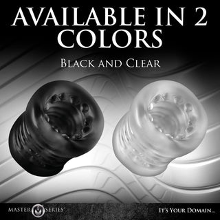 Transparent Ball Stretcher XR består av två cylindriska texturerade ringar - en svart och en transparent - med en knottrig insida på en metallisk bakgrund. Texten lyder: Finns i 2 färger.