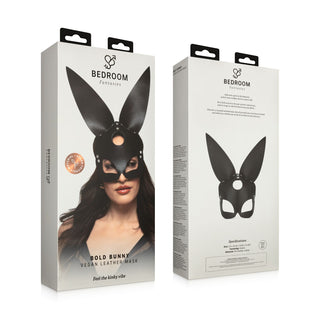 Framsida och baksida av box för Svart Bunny Mask Läderlook, med en kvinna som bär kaninmasken - perfekt för rollspel.