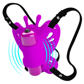 Pretty Love Fjärilsvibrator är en lila fjärilsformad vibrator med justerbara svarta remmar och markerade vibrationslinjer.