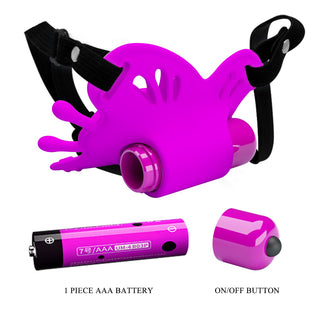 Pretty Love Fjärilsvibrator är en ljusrosa vibrator med remmar med justerbara remmar, batterifack och separat på/av-knapp för enkel användning. Drivs av ett AAA-batteri och erbjuder handsfree njutning.