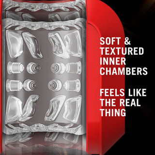 Närbild av Slambox Masturbator i rött, med mjuka, texturerade inre kammare. Känns som den äkta varan - njut av handsfree njutning och roterande stimulering för ultimat njutning.
