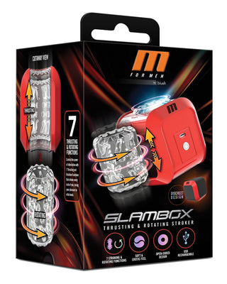 Slambox Masturbator-boxen visar en automatisk manlig stroker med stöt- och rotationsstimulering för handsfree-glädje och lyfter fram de bästa funktionerna.