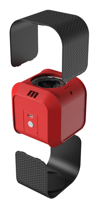 Slambox Masturbator: En röd och svart gadget med exponerad fläkt, strömbrytare och två böjda, texturerade svarta paneler - utformad för handsfree njutning och effektfull roterande stimulering.