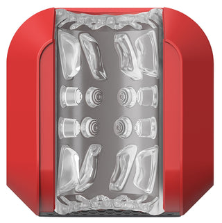 Slambox Masturbator, en röd enhet med silverfärgade rullar och noder inuti, ger avslappnande massageterapi och roterande stimulering för lugnande, handsfree njutning.