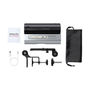 Lovense Solace Pro 2 automatisk masturbator med appstyrning, tillbehör, användarmanual, USB-kabel, fäste och förvaringspåse på vit bakgrund.