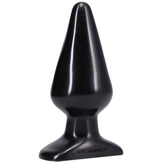 Svart silikon-buttplug av märket Doc Johnson Classic med utvidgad bas, som står upprätt mot en vit bakgrund.