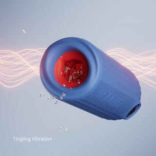 Blå och röd cylindrisk OTOUCH ubåtsmasturbator med vattendroppar och vågiga linjer, märkt Tingling Vibration, med vattendesign och 360° kontraktion för en förbättrad upplevelse.