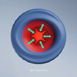 Ovanifrån av OTOUCH Submarine Masturbator: en röd och blå cirkulär anordning med gröna pilar utåt, märkt 360° kontraktion – vilket framhäver dess unika dragkraftsfunktion och vattendesign.