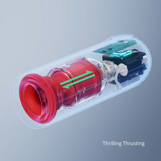 OTOUCH Submarine Masturbator har en transparent, vattentät design som avslöjar röda och silverfärgade inre mekanismer, accentuerade av en grön pil och texten "Thrilling Thrusting" för att visa upp dess kraftfulla dragkraftsfunktion.