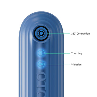 Närbild av OTOUCH Submarine Masturbator i blått, med markerade knappar för 360° sammandragning, tryckfunktion och vibrationsfunktioner.