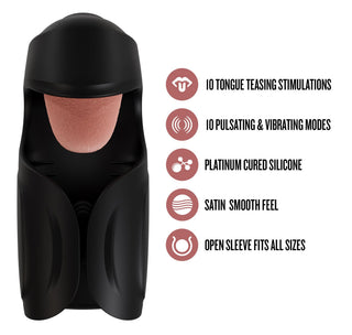 M for Men Lickety Split är en svart vibrator med öppen hylsa tillverkad av kroppssäker silikon, med tungliknande stimulering; viktiga fördelar listas på höger sida.