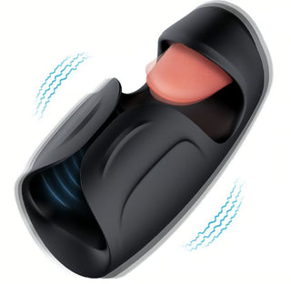 M for Men Lickety Split är en svart vibrator tillverkad av kroppssäker silikon, med rosa, tungliknande stimulans och blå rörelselinjer för att antyda rörelse.