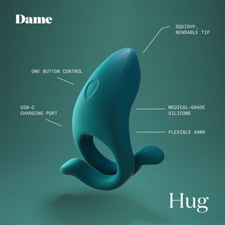 Dame Hug Adjustable Cock Ring är en blågrön parvibrator tillverkad av kroppssäker silikon, med flexibla armar, en knapp och en USB-C-port. Varje komponent är tydligt märkt för att visa dess funktioner.