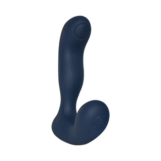 Svakom Iker Neo Prostatavibrator är en böjd, marinblå silikonvibrator och perineumstimulator med två knappar på basen, avbildad mot en vit bakgrund.