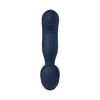 Svakom Iker Neo Prostatavibrator är en mörkblå silikonvibrator med dubbla knappar, utformad för perineumstimulering, som visas på en vit bakgrund.