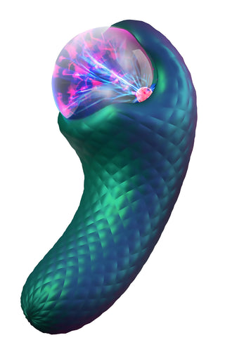 En digital illustration av Temptasia Enchanted Serpent: en blågrön, texturerad, böjd form med en genomskinlig, glödande geléliknande topp och en texturerad silikonyta, som påminner om en vibrator med plasmaglobe-effekt.