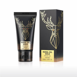 Svart och guldfärgad tub och ask märkt Maral XXL Gold 50 ml för män, med en geometrisk hjortdesign och maralrot-extrakt för intim hälsa.