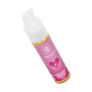En 30 ml flaska EasyGlide Orgasm Gel med en pumpdispenser och rosa etikett. Denna stimulerande gel intensifierar orgasmer och är lämplig för känslig hud.