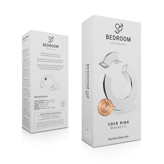 Silverfärgad magnetisk penisring framför två vita lådor med produktinformation och illustrationer av ergonomisk design.
