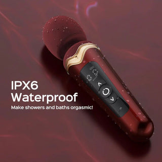 Röd silikonvibrator med ergonomisk design, integrerade kontrollknappar och vattentät IPX6-märkning.