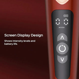 HoneyPlayBox Stormi Wand i slät svart silikon med digital display och märkta kontrollknappar på handtaget.