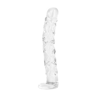 Ribbad dildo i klart glas med sugfäste, 19 cm lång, avbildad stående mot en vit bakgrund.