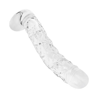 Dildo i klart glas, 19 cm, böjd med realistisk form och räfflad yta.