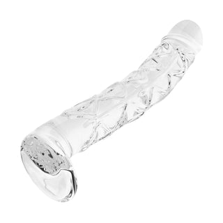 Genomskinlig dildo i räfflat glas med en böjd ände, 19 cm lång, avbildad mot en vit bakgrund.