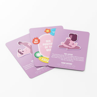 Tre illustrerade Sex Position Of The Week Kortspel-kort, flerfärgade och överlappande, visas på en vit yta.