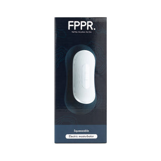 FPPR Squeezable Masturbator, genomskinligt material, cylindrisk design, visas på blå bakgrund med synligt varumärke.