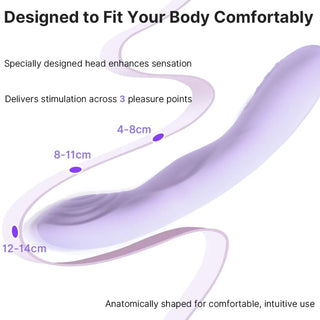 Böjd lavendel silikonvibrator med slät yta och mätetiketter med jämna mellanrum längs skaftet.