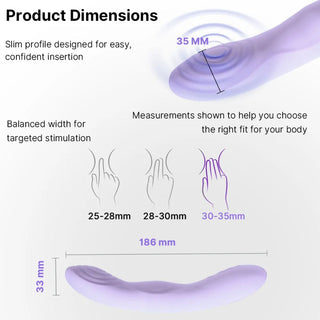 Lavendel silikonvibrator med en böjd design, som mäter 186mm x 33mm med en spetsdiameter på 25-35mm.